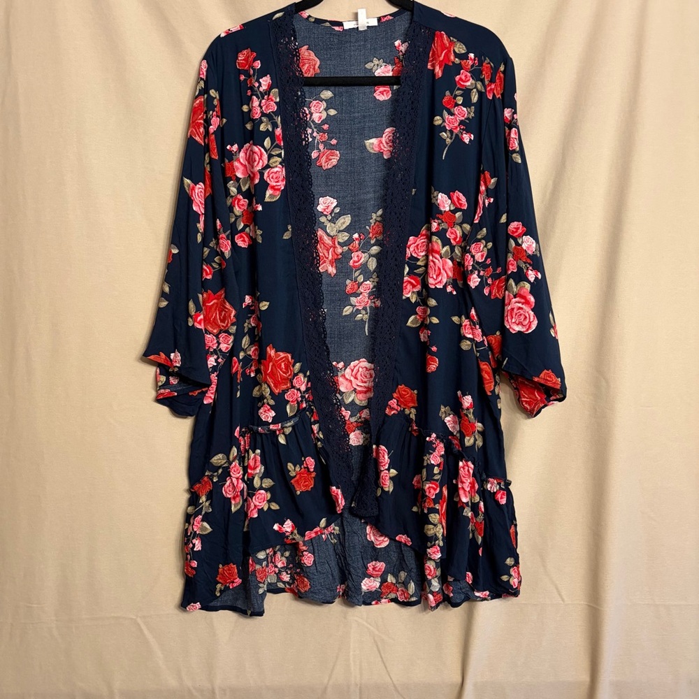 Maurices XL Navy Floral Open Front Cardigan Kimono
